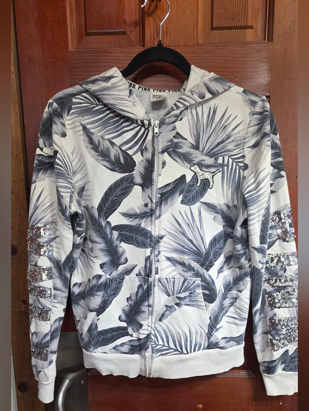 PINK Victoria's Secret Gray & White Tropical Leaf Sequin Zip Hoodie